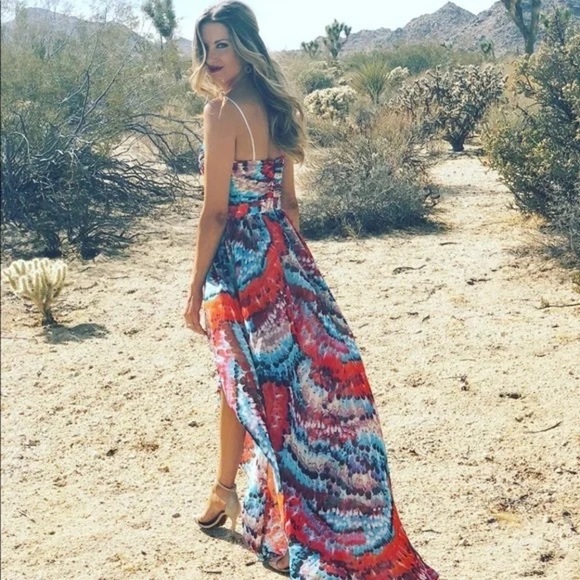 Aidan Mattox Hi Low Feather Print Strapless Chiffon Maxi Dress, size 4 - Picture 3 of 15